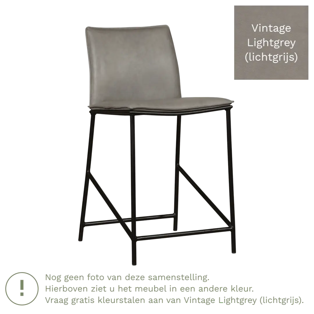 afbeelding van Leren barkruk laag Favor - Vintage Lightgrey (lichtgrijs) - poten staal rond zwart